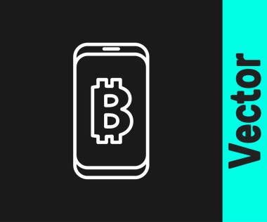 Siyah arka planda izole edilmiş gezici ikondan çıkan beyaz çizgi bitcoin madenciliği. Kripto para birimi madenciliği, engelleme zinciri teknoloji servisi. Vektör.