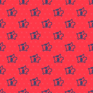 Mavi çizgi Piggy Bank Bitcoin ikonu kırmızı arka planda izole edilmiş pürüzsüz desen. Tasarruf ya da para birikimi, yatırım. Vektör.