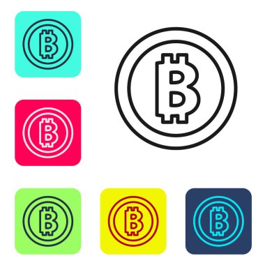 Siyah çizgi kripto para birimi Bitcoin simgesi beyaz arka planda izole edildi. Madeni para. Engelleme zinciri tabanlı şifreli para birimi. Renkli kare düğmelerle simgeleri ayarla. Vektör.