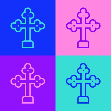 Pop sanat çizgisi Hıristiyan çapraz simgesi renk arkaplanında izole edildi. Kilise haçı. Vektör.