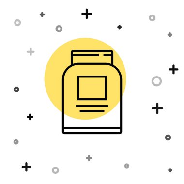 Siyah çizgi spor, vücut geliştirme, protein enerji içeceği ve beyaz arka planda izole edilmiş yiyecek ikonu. Rastgele dinamik şekiller. Vektör.