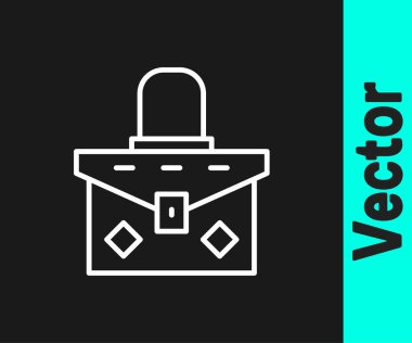 Beyaz çizgi çanta simgesi siyah arkaplanda izole edildi. Kadın el çantası işareti. Glamour günlük bagaj sembolü. Vektör.