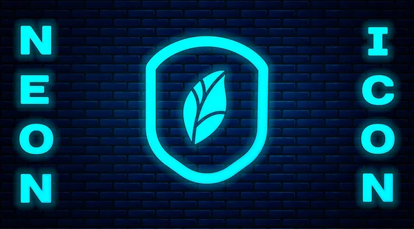 Glowing Neon Shield Leaf Icon Isolated Brick Wall Background Eco — Stock Vector