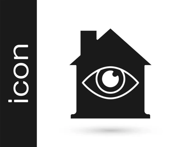 白の背景にアイコンを隔離したブラックハウス 目をスキャン 保安検査のシンボル サイバー サイン ベクトル — ストックベクタ