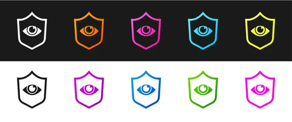 Nastavit Štíty Oční Ikony Izolované Černobílém Pozadí Zabezpečení Bezpečnost Ochrana — Stockový vektor