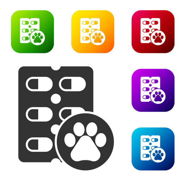 Black Dog pill icon isolated on white background. Prescription medicine for animal. Set icons in color square buttons. Vector.