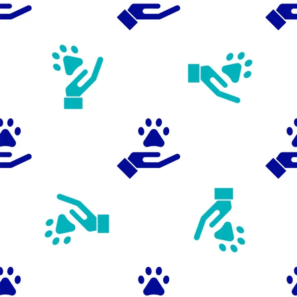 Blauwe Handen Met Dieren Voetafdruk Pictogram Geïsoleerd Naadloos Patroon Witte — Stockvector