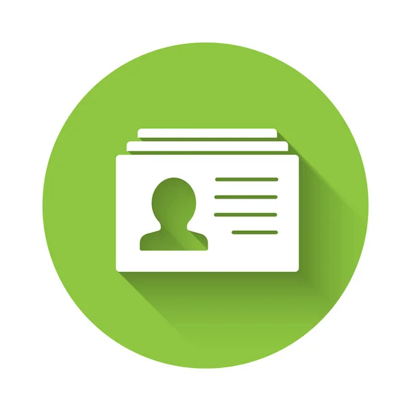 白色的Resume图标与很长的阴影隔离 Cv申请 搜寻专业人员 分析人员恢复 绿色圆环按钮 — 图库矢量图片