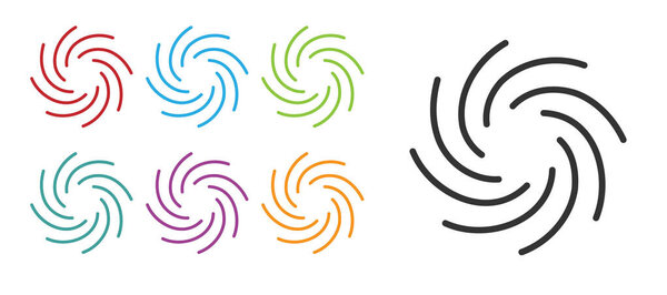Black Tornado icon isolated on white background. Cyclone, whirlwind, storm funnel, hurricane wind or twister weather icon. Set icons colorful. Vector.
