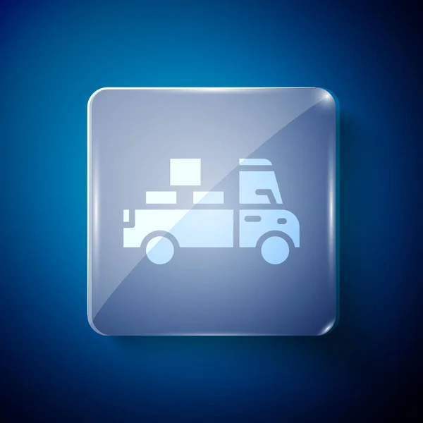 白色运货卡车后面的纸板箱图标隔离蓝色背景 方块玻璃面板 — 图库矢量图片