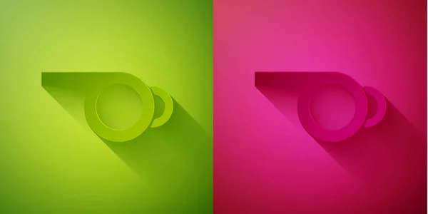 Papiergeschnittenes Pfeifsymbol Isoliert Auf Grünem Und Rosa Hintergrund Schiedsrichter Symbol — Stockvektor