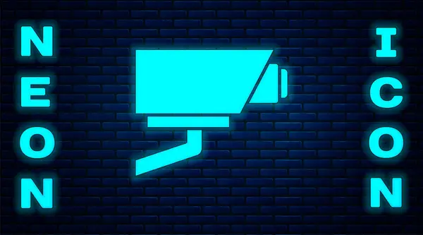 Glowing Neon Security Camera Icon Isolated Brick Wall Background Vector — Stock Vector