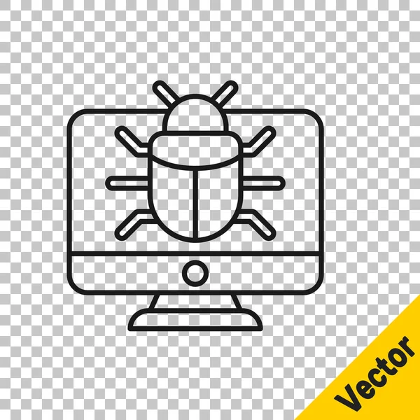 Black Line System Bug Monitor Icon Isolated Transparent Background Code — Stock Vector