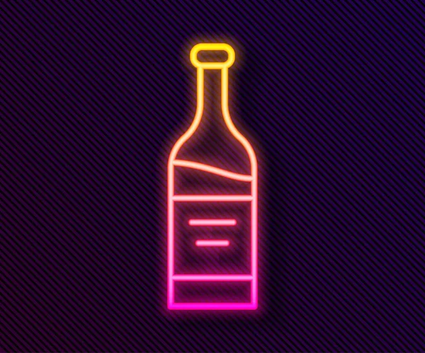 ネオンラインの輝き黒の背景に単離されたワインアイコンのボトル ベクトル — ストックベクタ