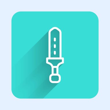 Beyaz çizgi Ortaçağ kılıç ikonu uzun gölgeli izole edilmiş. Ortaçağ silahı. Yeşil kare düğmesi. Vektör.