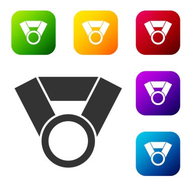 Beyaz arkaplanda siyah madalya ikonu izole edildi. Kazanan başarı işareti. Ödül madalyası. Renkli kare düğmelerle simgeleri ayarla. Vektör İllüstrasyonu.