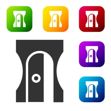 Beyaz arkaplanda siyah kalem açacağı simgesi izole edildi. Renkli kare düğmelerle simgeleri ayarla. Vektör İllüstrasyonu.