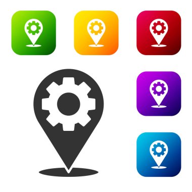 Siyah konum beyaz arka planda izole edilmiş dişli simgesi. Renkli kare düğmelerle simgeleri ayarla. Vektör İllüstrasyonu.