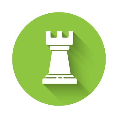 Beyaz İş Stratejisi simgesi uzun gölgelerle izole edildi. Satranç sembolü. Oyun, yönetim, finans. Yeşil daire düğmesi. Vektör İllüstrasyonu.