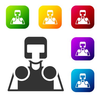 Siyah Ortaçağ şövalyesi ikonu beyaz arka planda izole edilmiş. Renkli kare düğmelerle simgeleri ayarla. Vektör.