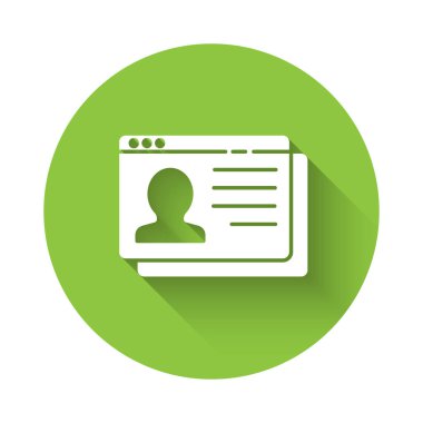 Beyaz Kalan simgesi uzun gölgeyle izole edildi. Özgeçmiş başvurusu. Profesyonel personel aranıyor. Personel analizi devam ediyor. Yeşil daire düğmesi. Vektör.