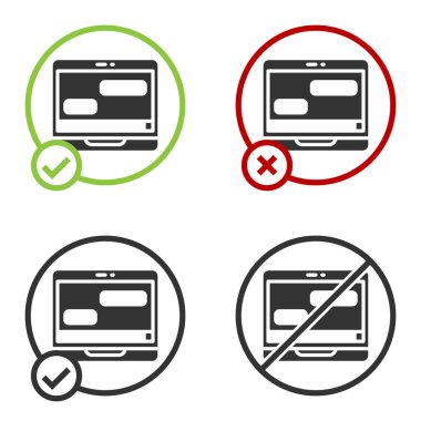 Laptop simgesindeki siyah yeni sohbet mesajları bildirimi beyaz arkaplanda izole edildi. Smartphone sohbet mesajları konuşma baloncukları. Çember düğmesi. Vektör.