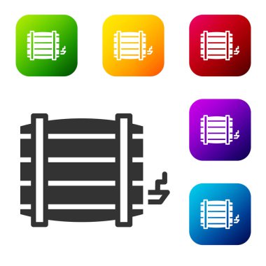 Beyaz arka planda siyah tahta varil ikonu izole edildi. Alkol fıçısı, içki kabı, bira için tahta fıçı, viski, şarap. Renkli kare düğmelerle simgeleri ayarla. Vektör.