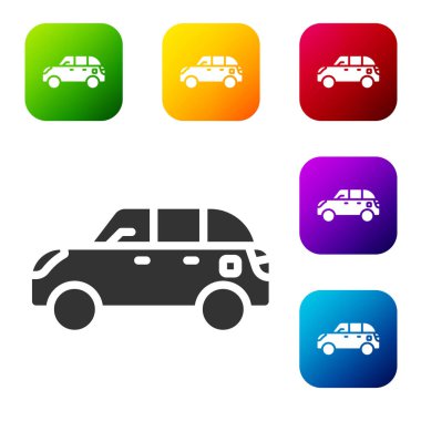 Siyah Hatchback araba simgesi beyaz arkaplanda izole edildi. Renkli kare düğmelerle simgeleri ayarla. Vektör.