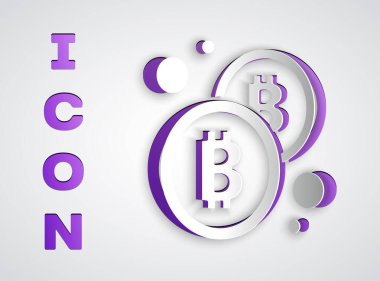 Kağıt kesiği Kripto para birimi simgesi Bitcoin gri arka planda izole edildi. Madeni para. Engelleme zinciri tabanlı şifreli para birimi. Kağıt sanatı tarzı. Vektör.