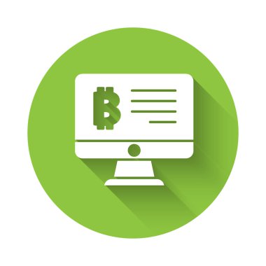 Monitör ikonundan uzun gölgeli beyaz madencilik bitcoin. Kripto para birimi madenciliği, engelleme zinciri teknoloji servisi. Yeşil daire düğmesi. Vektör.