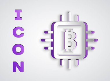 Kağıt kesiği İşlemci çiftlik ikonu gri arka planda izole edilmiş. İşlemcinin içinde bitcoin işareti. Kripto para madenciliği topluluğu. Dijital para. Kağıt sanatı tarzı. Vektör.