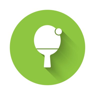 Masa tenisi ikonunu oynamak için beyaz raket uzun gölgeli. Yeşil daire düğmesi. Vektör.