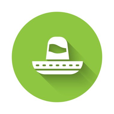 Beyaz Geleneksel Meksika sombrero şapka ikonu uzun gölgeli. Yeşil daire düğmesi. Vektör.