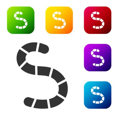 Beyaz arkaplanda siyah solucan simgesi izole edildi. Balık oltası. Renkli kare düğmelerle simgeleri ayarla. Vektör.