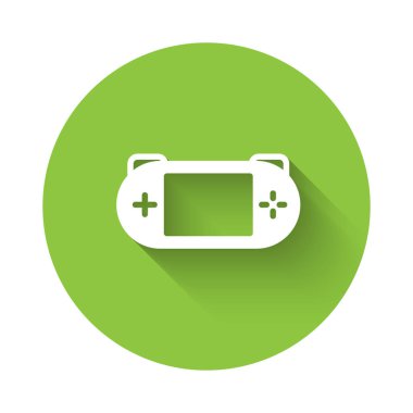 Uzun gölgeli beyaz taşınabilir video oyun konsolu simgesi. Av alanı tabelası. Oyun konsepti. Yeşil daire düğmesi. Vektör.