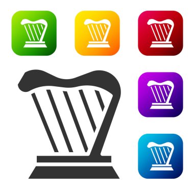 Siyah Harp simgesi beyaz arkaplanda izole edildi. Klasik müzik enstrümanı, orkestra akustik elementi. Renkli kare düğmelerle simgeleri ayarla. Vektör.