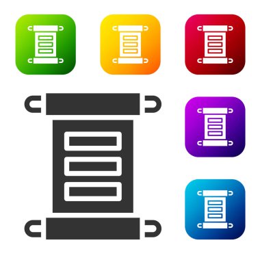 Siyah KHK, kağıt, parşömen, parşömen simgesi beyaz arkaplanda izole edilmiş. Renkli kare düğmelerle simgeleri ayarla. Vektör.