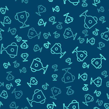 Yeşil çizgi ödüllü kupa ikonu mavi arkaplandaki kusursuz deseni izole etti. Galibiyet ödülü sembolü. Şampiyonluk ya da yarışma kupası. Spor başarısı işareti. Vektör İllüstrasyonu.