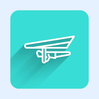 Beyaz çizgi Hang planör simgesi uzun gölgeli izole edilmiş. Olağanüstü bir spor. Yeşil kare düğmesi. Vektör İllüstrasyonu.