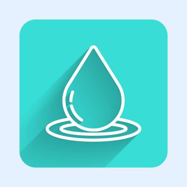 Beyaz çizgi Su damlası ikonu uzun gölgeli izole edilmiş. Yeşil kare düğmesi. Vektör İllüstrasyonu.