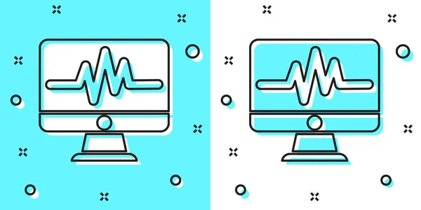 Black line Computer monitor with cardiogram icon isolated on green and white background. Monitoring icon. ECG monitor with heart beat hand drawn. Random dynamic shapes. Vector Illustration.