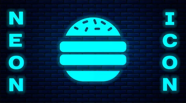 Świecący Neon Burger Ikona Izolowane Tle Cegły Ściany Ikona Hamburgera — Wektor stockowy