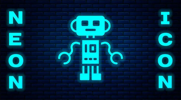 Zářící Neon Robot Hračka Ikona Izolované Cihlové Zdi Pozadí Vektor — Stockový vektor