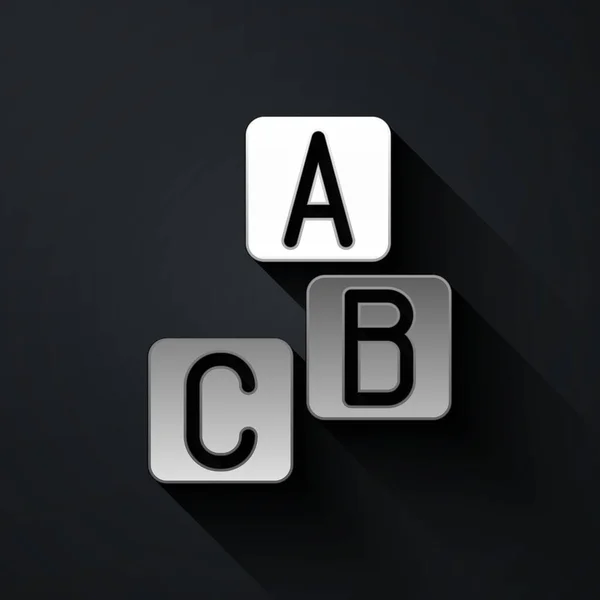 黒の背景に孤立したシルバーのAbcブロックアイコン 文字A Cのアルファベットの立方体 長い影のスタイル ベクトル — ストックベクタ