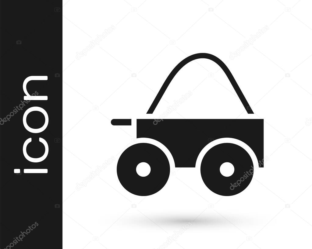 Black Wooden four-wheel cart with hay icon isolated on white background. Vector.