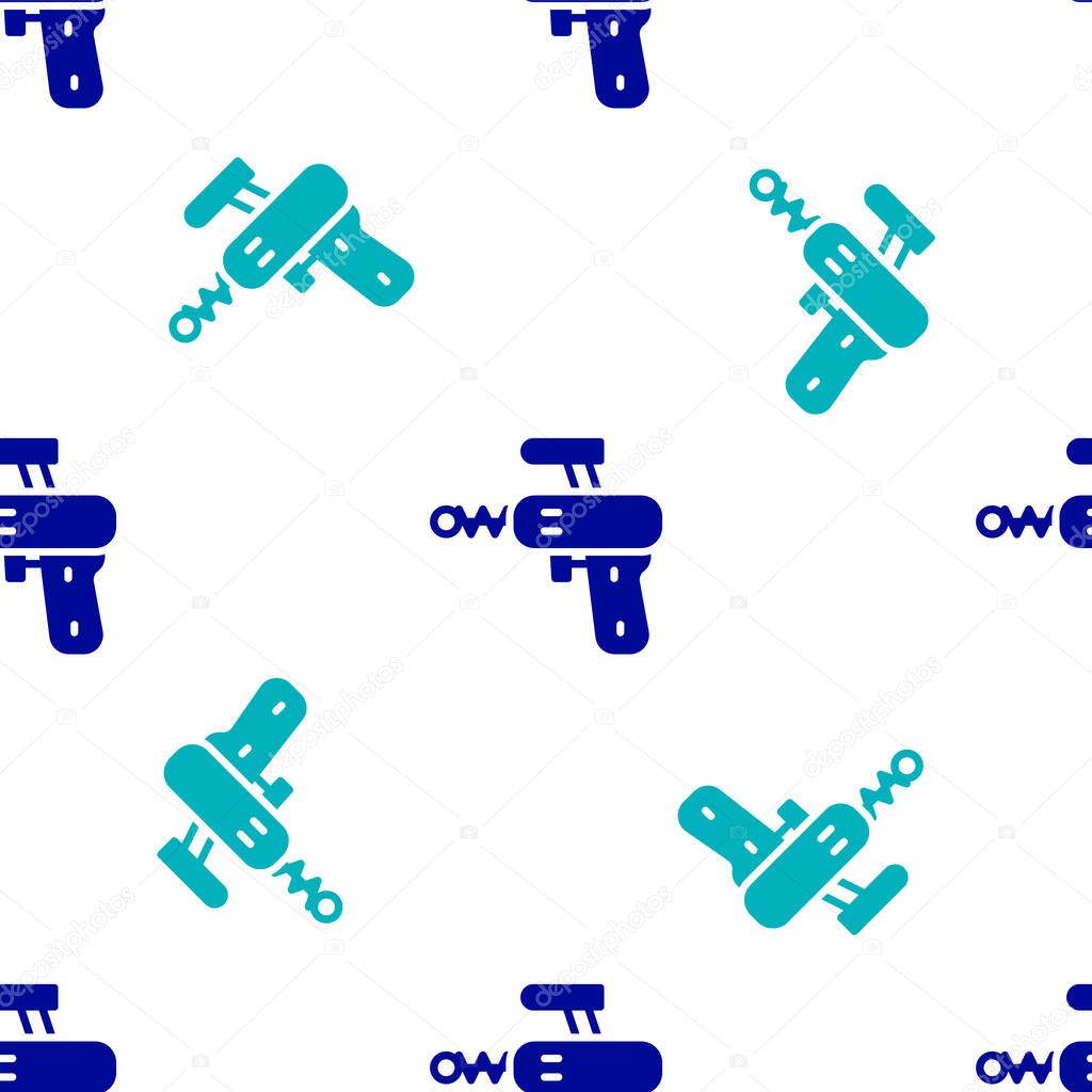 Blue Ray gun icon isolated seamless pattern on white background. Laser weapon. Space blaster.  Vector.