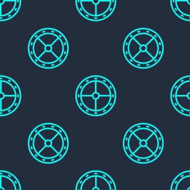 Yeşil çizgi yuvarlak tahta kalkan ikonu mavi arka planda izole edilmiş pürüzsüz desen. Güvenlik, güvenlik, koruma, mahremiyet, koruma kavramı. Vektör.