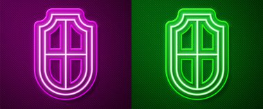 Parlayan neon çizgi simgesi mor ve yeşil arkaplanda izole edildi. Gardiyan. Güvenlik, güvenlik, koruma, gizlilik kavramı. Vektör.