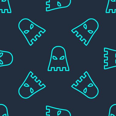 Yeşil çizgi Cellat maskesi simgesi mavi arkaplanda izole edilmiş kusursuz desen. Cellat, işkenceci, uygulayıcı, işkenceci, kasap, cellat ikonu. Vektör.