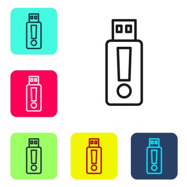 Siyah çizgi USB flash disk simgesi beyaz arkaplanda izole edildi. Renkli kare düğmelerle simgeleri ayarla. Vektör.